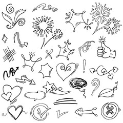 Doodle vector set illustration with hand draw line art style vector. Crown, king, sun, arrow, heart, love, star, swirl, swoops, emphasis, for concept design.