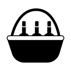simple illustration of picnic basket with filling, barbecue symbols, summer picnic, wine basket