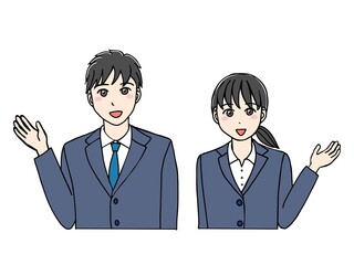 紹介するスーツ姿の若い男女