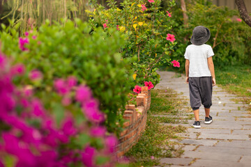 Boy walking in a tropical garden