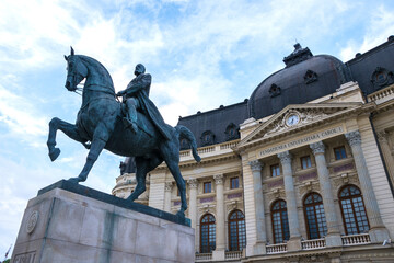 King Carol I equestrian statue (Statuia ecvestra a lui Carol I) and the Central University Library of Bucharest