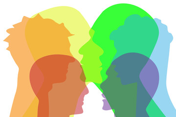 Banner silhouette group of gay adults - gay - heterosexuals with rainbow colors. Diversity of people