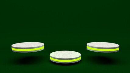 Marble product stand futuristic or podium pedestal on empty display growing flashing light with green backdrops. 3D rendering. 
