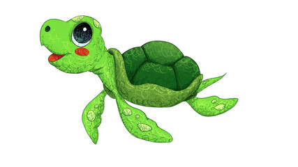 Cartoon Sea turtle Drawing. cute animal oil pastel drawing crayon doodle for children book illustration, poster, or wall painting.