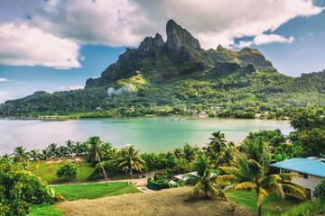 Bora Bora and Mount Otemanu nature landscape in Tahiti, French Polynesia with coral lagoon sea and Mt Pahia, Mt Otemanu, Tahiti, south Pacific Ocean - obrazy, fototapety, plakaty