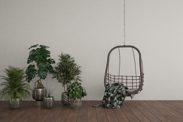 modern room with armchair,plants interior design. 3D illustration