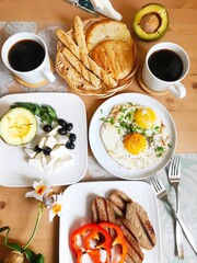 home-made healthy breakfast and coffee. organic food. healthy eating. family breakfast.