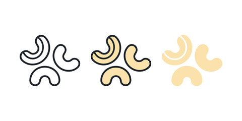 Cashew icon. Linear color flat icons of nuts, contour, shape, outline isolated on white. Thin line. Modern design. Vector set. Healthy food and vitamins