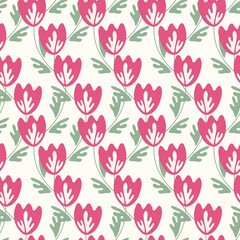 Seamless floral pattern based on traditional folk art ornaments. Colorful flowers on light background. Scandinavian style. Sweden nordic style. Vector illustration. Simple minimalistic pattern