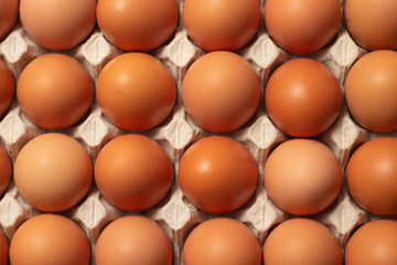 Chicken brown fresh raw eggs in a carton container. Ingredients for cooking. Concept for healthy eating. Selective focus.