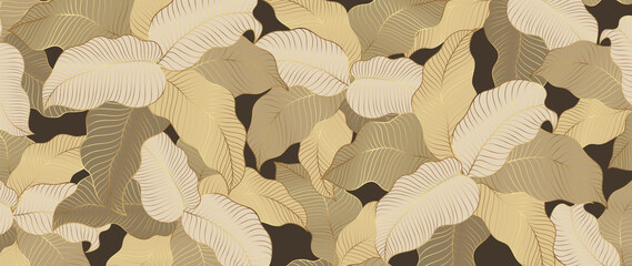 Luxury gold tropical leaves background vector. Wallpaper design with golden line art texture from palm leaves, Jungle leaves, monstera leaf, exotic botanical floral pattern. © TWINS DESIGN STUDIO