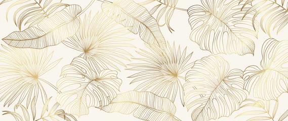 Poster Luxuriöser goldener tropischer Blätterhintergrundvektor. Tapetendesign mit goldener Linienstruktur aus Palmblättern, Dschungelblättern, Monstera-Blättern, exotischem botanischem Blumenmuster. © TWINS DESIGN STUDIO