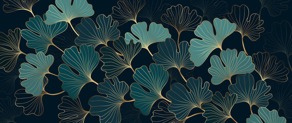 Luxury elegant gold pattern backgound vector.  Golden Ginkgo leaves line arts. Floral Art deco natural botanical wallpaper design for wall art, Home decoration, prints and packaging design.  