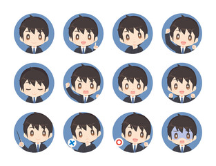 ビジネススーツ姿の男性 感情アイコンセット 丸形