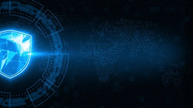 Motion graphic of Blue shield with circle rotation on earth maps background and futuristic technology abstract background network security concept