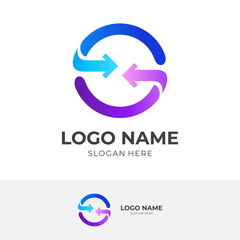 arrow logo vector with flat blue and purple color style