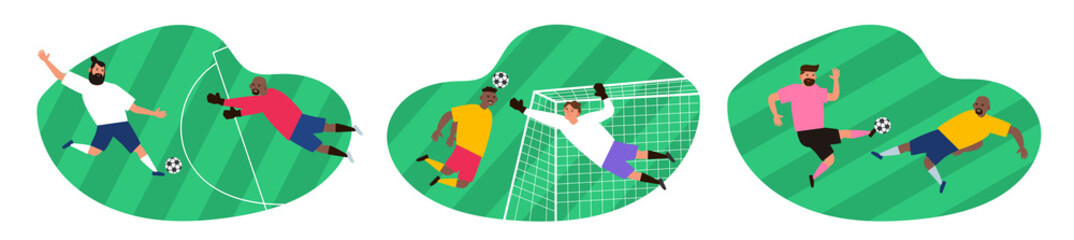 men soccer players playing football  set vector illustration
