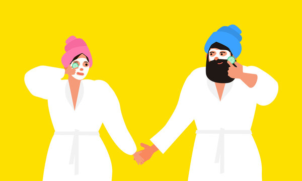 couple man and woman with towel on the head and fasial cosmetic mask holding cucumber slice skin care concept vector illustration