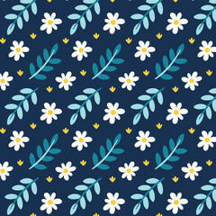 Seamless cute vector spring floral pattern with flowers, chamomiles, plants, branches, leaves