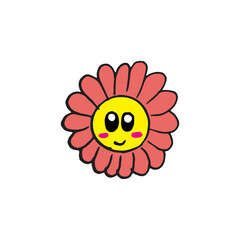 smile emoticon of beautiful flower on white background. pink flower with cute expression. kawaii flower with eyes and smiley face. hand drawn vector. doodle art for logo, label, sticker, clipart. 