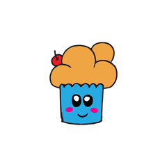 funny cupcake illustration on white background. cupcake with cherry topping. kawaii food with eyes and smiley face. sweet dessert. hand drawn vector. doodle art for logo, label, clipart, sticker. 