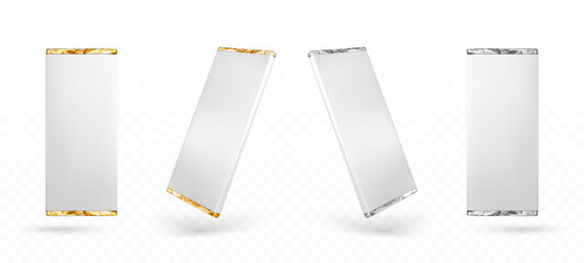 Chocolate package with gold and silver foil 3d mockup, blank pack for choco bar top and angle view. Paper boxes for sweet product isolated on transparent background, Realistic vector mock up, set