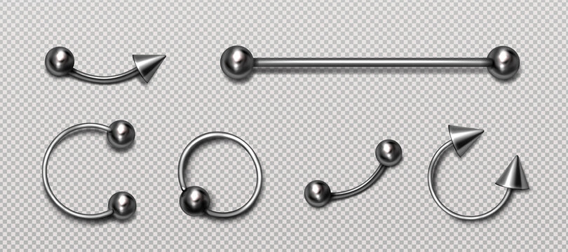Set of piercing jewelry, metal pierce rings, barbell with balls and cones for face and body decoration. Beauty accessories, earrings isolated on transparent background, Realistic 3d vector icons