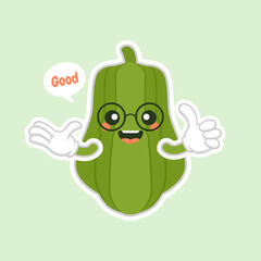 Cute and kawaii Green Chayote Cartoon Character. can be used in restaurant menu, cooking books and organic farm label. Healthy food.Tasty vegan. Organic product. Culinary vegetable ingredient