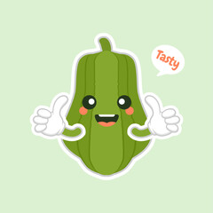 Cute and kawaii Green Chayote Cartoon Character. can be used in restaurant menu, cooking books and organic farm label. Healthy food.Tasty vegan. Organic product. Culinary vegetable ingredient