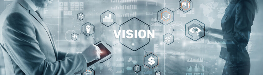 Vision. Business people and modern city on background. Virtual screen