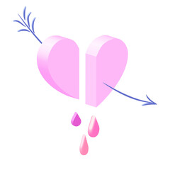 Pink 3D broken heart with the drops of blood isolated on white background. Heartbreak symbol in pastel colors for social media, dating app, valentines day card and other use. Vector illustration.