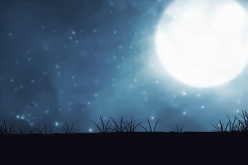 Fototapeta na wymiar Silhouette of meadow field with moonlight
