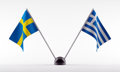 Stand with two national flags. Flags of Sweden and Greece. Isolated on a white background. 3d rendering