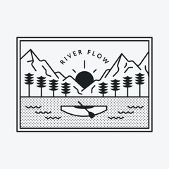 Nature landscape of high mountain range with canoe crossing the river. Black color hipster design illustration logo.