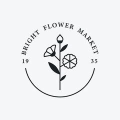 Flower shop logo with romantic flower illustration. Black color hipster design. 