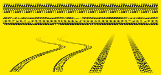 Tires tracks, offroad grunge tyre prints, abstract automobile wheels black pattern on yellow background. Rally, motocross straight and wavy dirty traces, off road trails texture isolated vector set © klyaksun