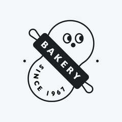 Cute face character bakery logo. Black color hipster design. 