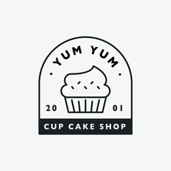 Cute cup cake shop logo. Black color hipster design. 