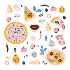 Set of italian cuisine food isolated on white background. Doodle vector illustration.

