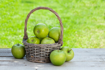 Fresh garden green apples in basket