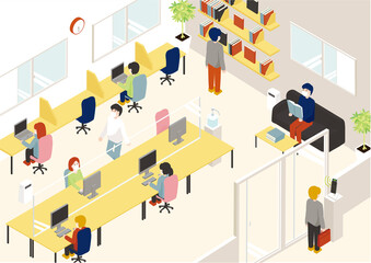 オフィス　感染症対策　アイソメトリックイラスト