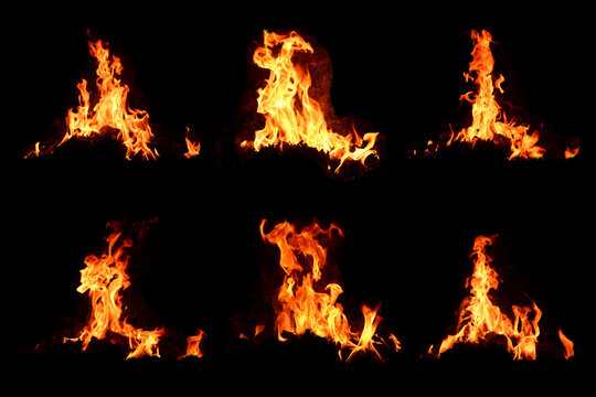 The set of 6 thermal energy flames image set on a black background.