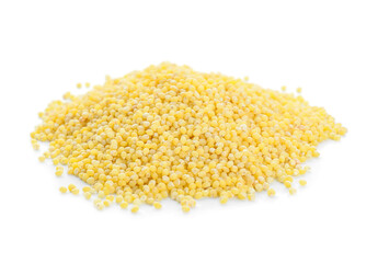 Heap of dry yellow millet on white background