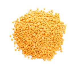 Heap of dry red lentils on white background