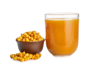 Glass of healthy sea buckthorn juice on white background