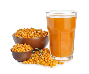 Glass of healthy sea buckthorn juice on white background