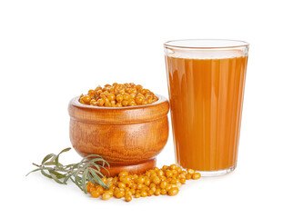 Glass of healthy sea buckthorn juice on white background