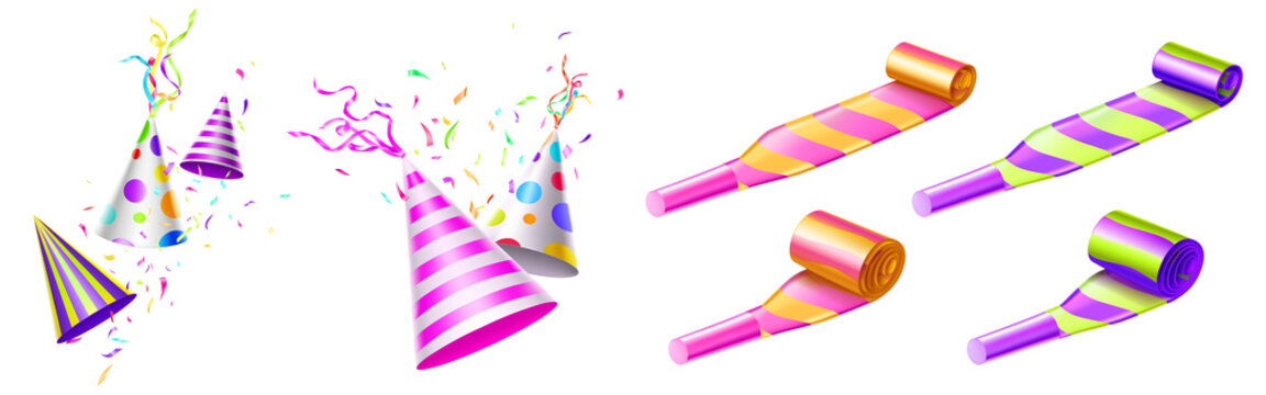 Party hats and horn blowers with color stripes and dots for birthday celebration. Vector realistic 3d set of funny cone head caps with ribbons, whistles and confetti isolated on white background