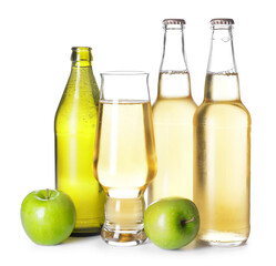 Bottles and glass of apple cider on white background