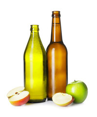 Bottles of apple cider on white background